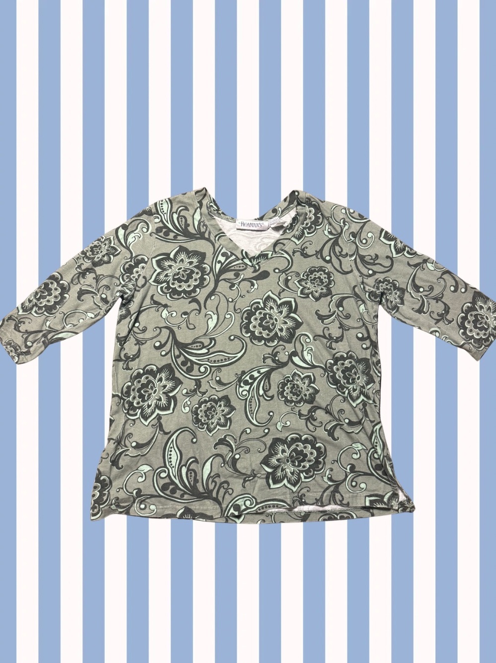 Green Floral Long-Sleeve 100% cotton Top Y2K V-neck 3/4 sleeves